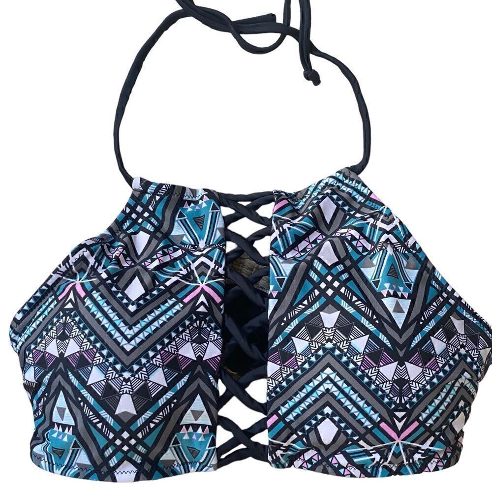 Rue Blue Geometric Cutout High Neck Halter Swim Top